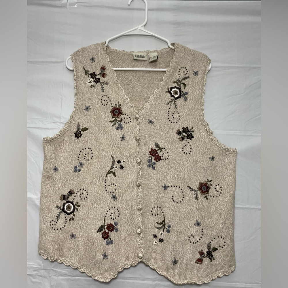 Classic Elements Vintage Knit Vest Tan Embroidered Beaded Floral